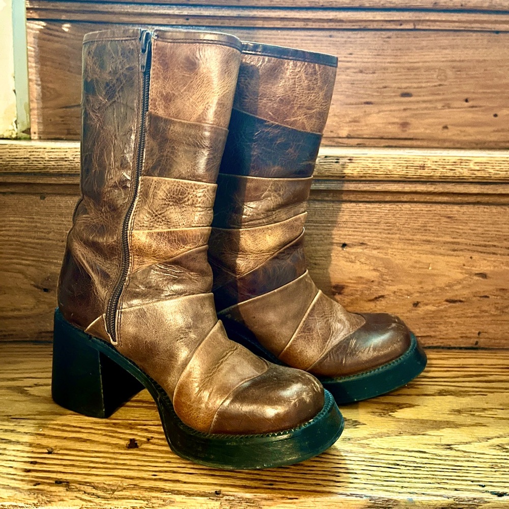 Destroy boots brown patchwork leather 90s Y2K